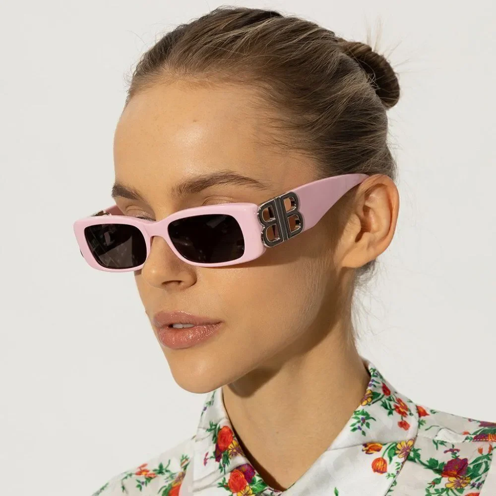 NEW Balenciaga BB0096S 012 Pink Silver Logo Grey Rectangle Unisex Sunglasses